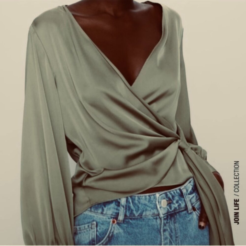 Zara olive green silky crossover blouse long sleeve